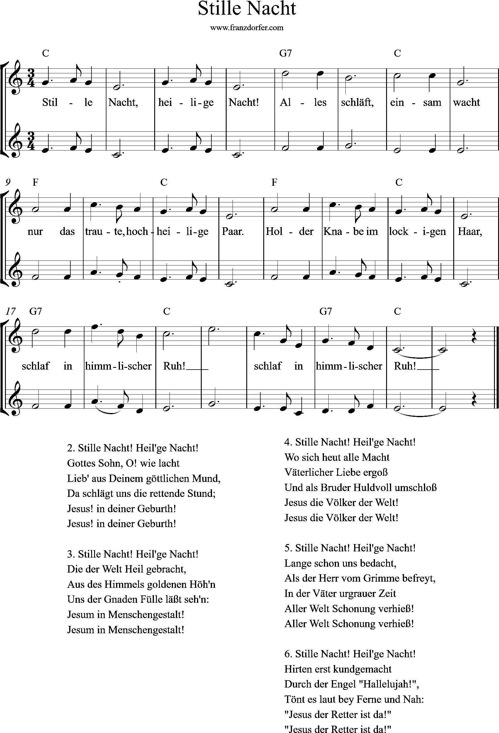 Noten Stlle Nacht C-Dur, Blockflöte, 2stimmig